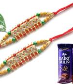 Multicolour different stone beads and metallic casting rakhi with chocolates