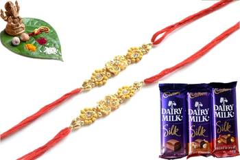 Multicolour different stone beads and metallic casting rakhi with chocolates 1