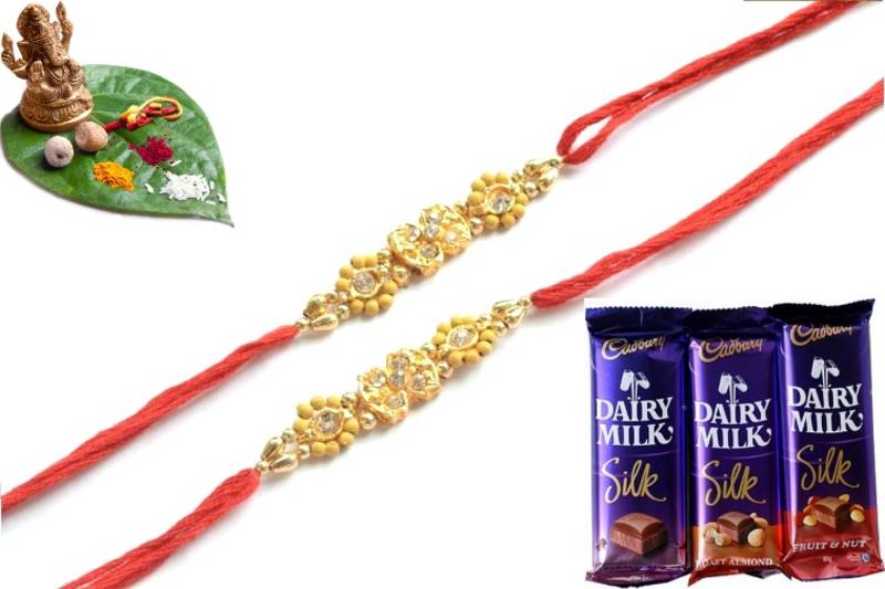 Multicolour different stone beads and metallic casting rakhi with chocolates