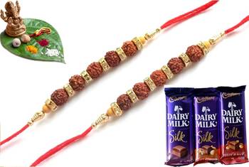 Multicolour different stone beads and metallic casting rakhi with chocolates 1