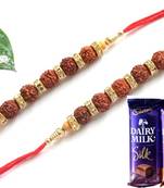 Multicolour different stone beads and metallic casting rakhi with chocolates