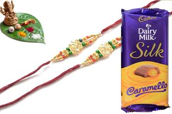 Multicolour different stone beads and metallic casting rakhi with chocolates 1