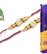 Multicolour different stone beads and metallic casting rakhi with chocolates