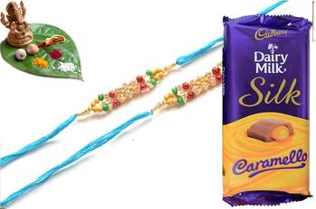 Multicolour different stone beads and metallic casting rakhi with chocolates 1