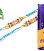 Multicolour different stone beads and metallic casting rakhi with chocolates