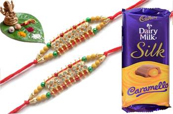 Multicolour different stone beads and metallic casting rakhi with chocolates 1