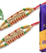 Multicolour different stone beads and metallic casting rakhi with chocolates