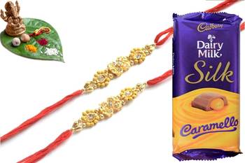 Multicolour different stone beads and metallic casting rakhi with chocolates 1