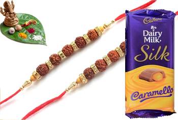 Multicolour different stone beads and metallic casting rakhi with chocolates 1