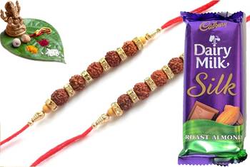 Multicolour different stone beads and metallic casting rakhi with chocolates 1