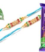 Multicolour different stone beads and metallic casting rakhi with chocolates