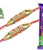 Multicolour different stone beads and metallic casting rakhi with chocolates