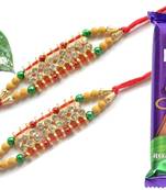 Multicolour different stone beads and metallic casting rakhi with chocolates