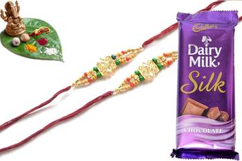 Multicolour different stone beads and metallic casting rakhi with chocolates 1