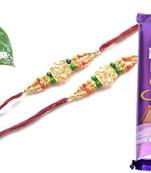 Multicolour different stone beads and metallic casting rakhi with chocolates