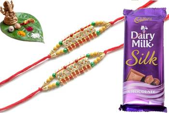 Multicolour different stone beads and metallic casting rakhi with chocolates 1