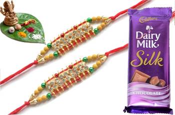 Multicolour different stone beads and metallic casting rakhi with chocolates 1