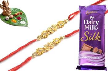 Multicolour different stone beads and metallic casting rakhi with chocolates 1