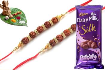 Multicolour different stone beads and metallic casting rakhi with chocolates 1