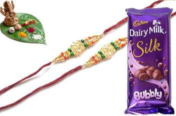 Multicolour different stone beads and metallic casting rakhi with chocolates 1