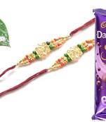 Multicolour different stone beads and metallic casting rakhi with chocolates