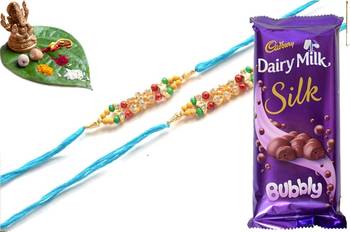 Multicolour different stone beads and metallic casting rakhi with chocolates 1