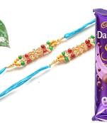 Multicolour different stone beads and metallic casting rakhi with chocolates