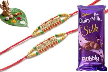 Multicolour different stone beads and metallic casting rakhi with chocolates 1