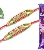 Multicolour different stone beads and metallic casting rakhi with chocolates