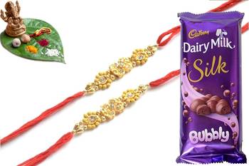 Multicolour different stone beads and metallic casting rakhi with chocolates 1