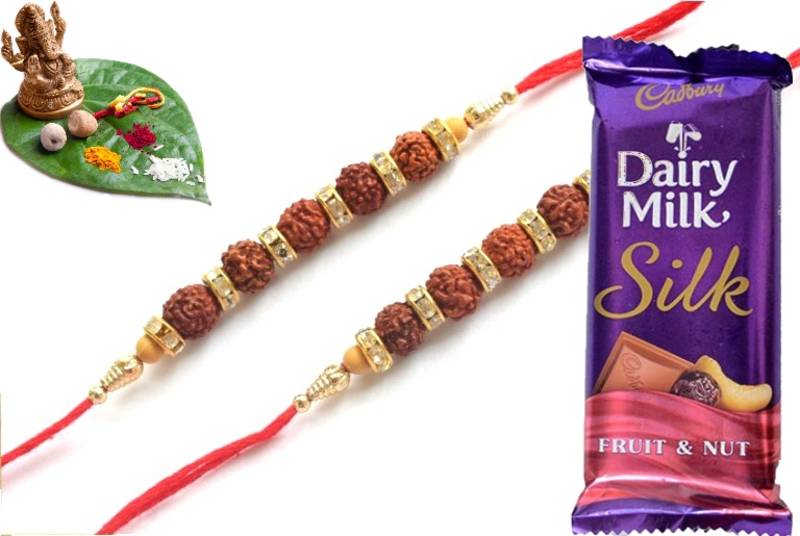 Multicolour different stone beads and metallic casting rakhi with chocolates