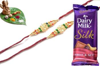 Multicolour different stone beads and metallic casting rakhi with chocolates 1