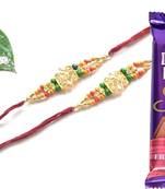 Multicolour different stone beads and metallic casting rakhi with chocolates