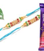 Multicolour different stone beads and metallic casting rakhi with chocolates