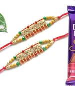 Multicolour different stone beads and metallic casting rakhi with chocolates