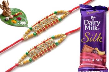 Multicolour different stone beads and metallic casting rakhi with chocolates 1