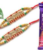 Multicolour different stone beads and metallic casting rakhi with chocolates