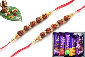 Multicolour different stone beads and metallic casting rakhi with chocolates 1