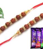 Multicolour different stone beads and metallic casting rakhi with chocolates