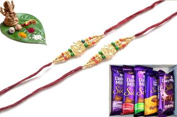 Multicolour different stone beads and metallic casting rakhi with chocolates 1