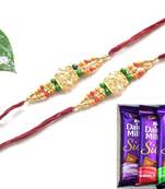 Multicolour different stone beads and metallic casting rakhi with chocolates