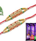 Multicolour different stone beads and metallic casting rakhi with chocolates