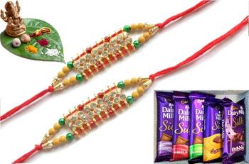 Multicolour different stone beads and metallic casting rakhi with chocolates 1