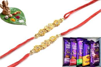 Multicolour different stone beads and metallic casting rakhi with chocolates 1
