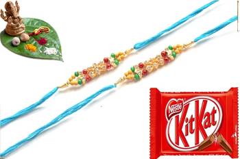 Multicolour different stone beads and metallic casting rakhi with chocolates 1