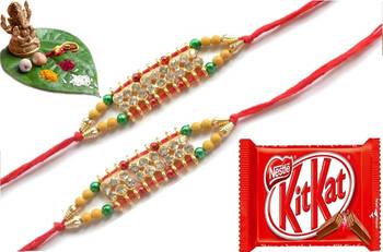 Multicolour different stone beads and metallic casting rakhi with chocolates 1