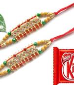 Multicolour different stone beads and metallic casting rakhi with chocolates