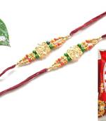 Multicolour different stone beads and metallic casting rakhi with chocolates