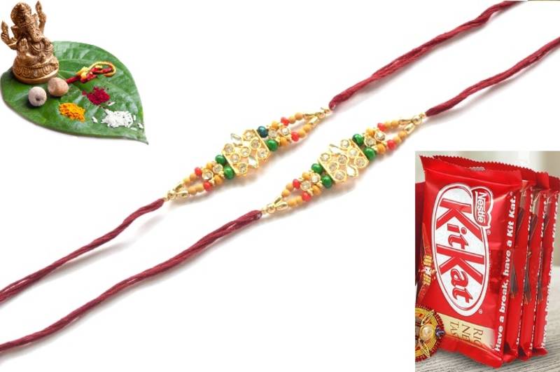 Multicolour different stone beads and metallic casting rakhi with chocolates