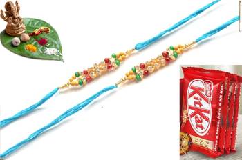 Multicolour different stone beads and metallic casting rakhi with chocolates 1